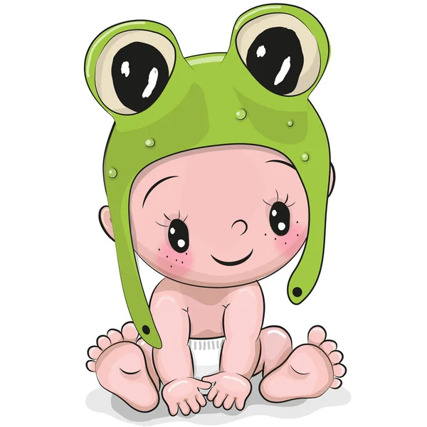Schattige Cartoon Baby boy in de hoed van een kikker — Stockvector