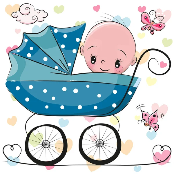 Mignon dessin animé bébé garçon est assis sur un chariot — Image vectorielle