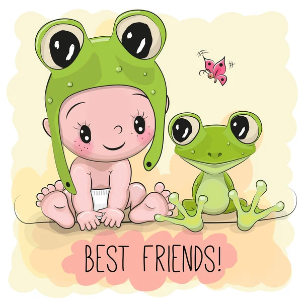 Schattige Cartoon Baby- en frogg — Stockvector