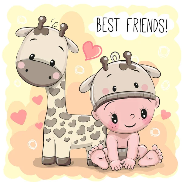 Baby mit Giraffenhut und Giraffe — Stockvektor