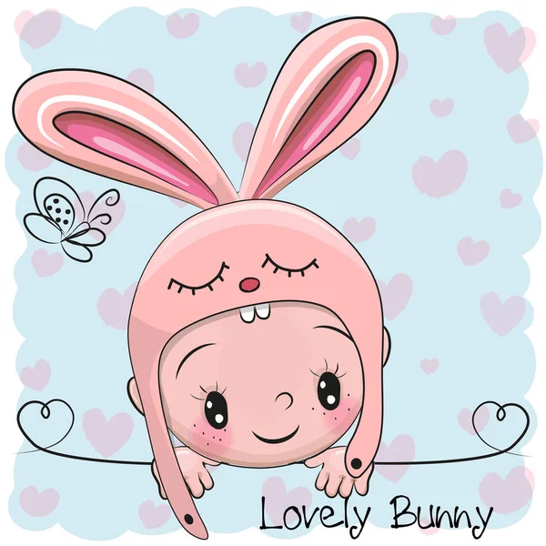 Schattige Cartoon Baby jongen in een hoed Bunny — Stockvector