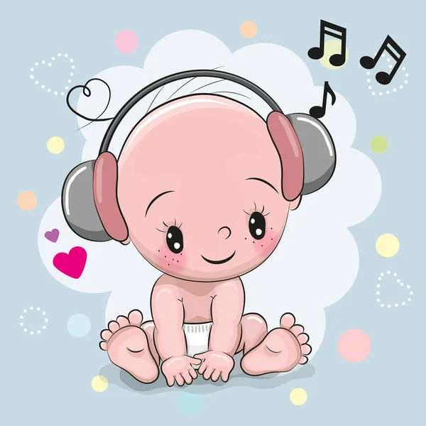 Bebé con auriculares — Vector de stock