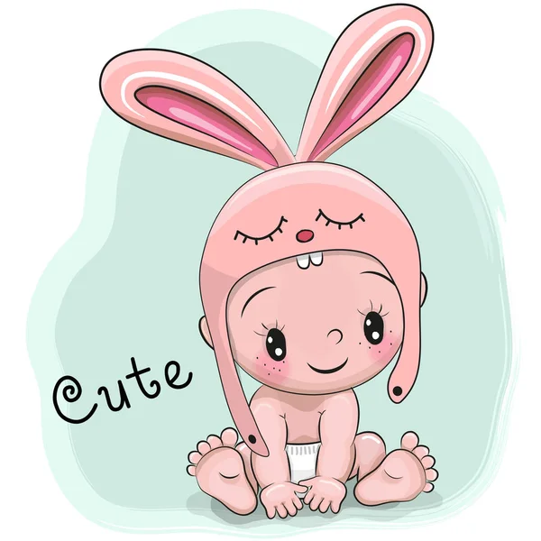 Cute Cartoon Baby boy in a Bunny hat — Stock Vector