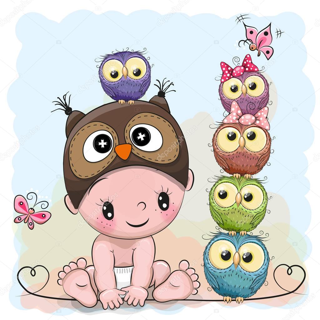 Baby Boy in a owl hat and five Owls