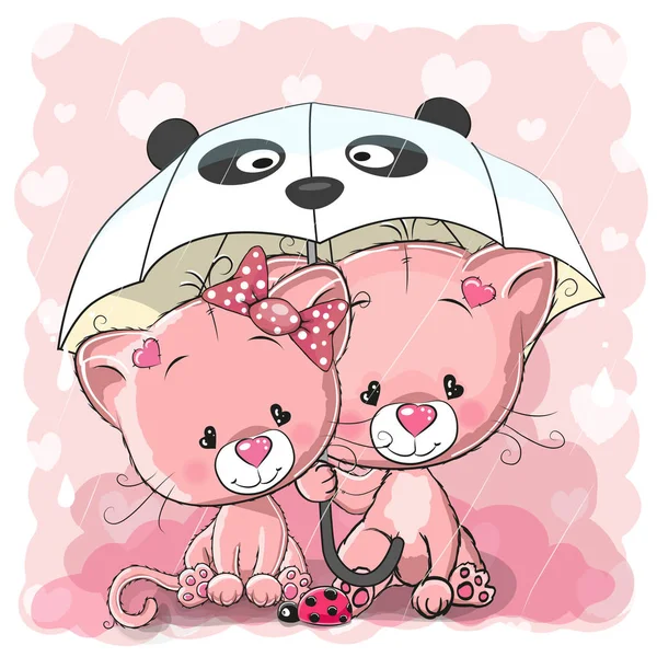 Dos lindos gatitos de dibujos animados con paraguas — Vector de stock