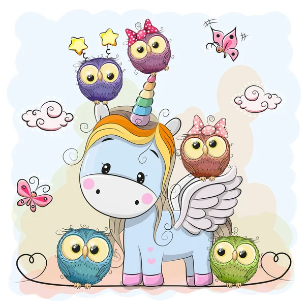 Unicorn and owls — Stock Vector