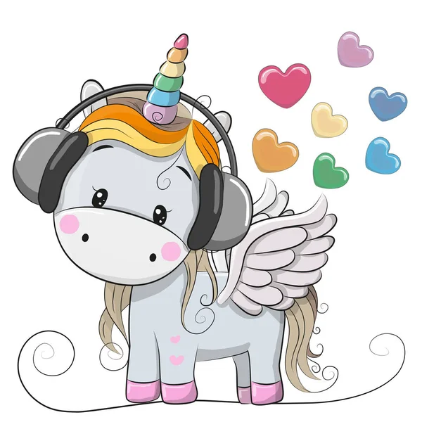 Cute Cartoon Unicorn with headphones — Stock Vector
