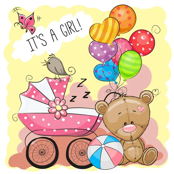 Ευχετήρια κάρτα είναι ένα κορίτσι με baby μεταφορά — Διανυσματικό Αρχείο