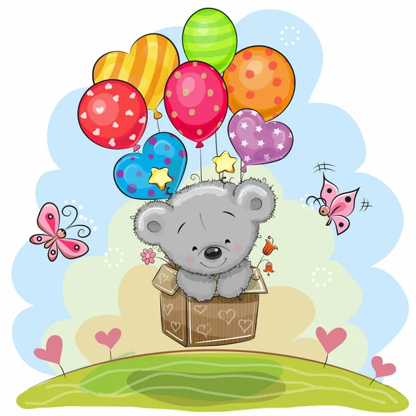 Urso de pelúcia bonito com balões — Vetor de Stock