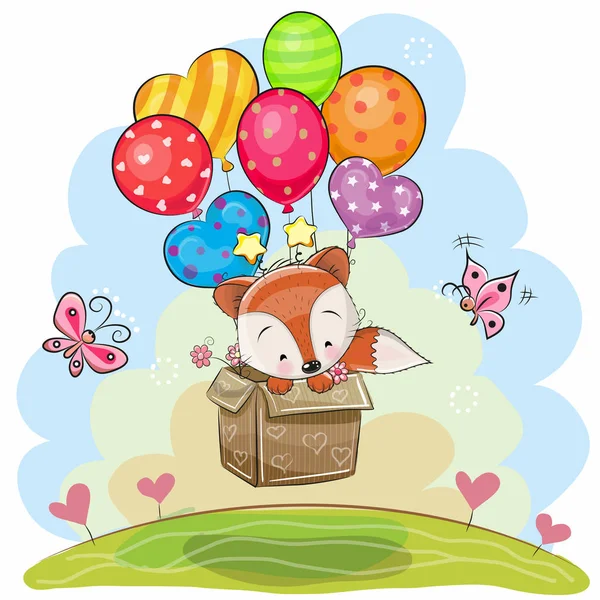 Cute Cartoon Fox with balloons — Stock Vector