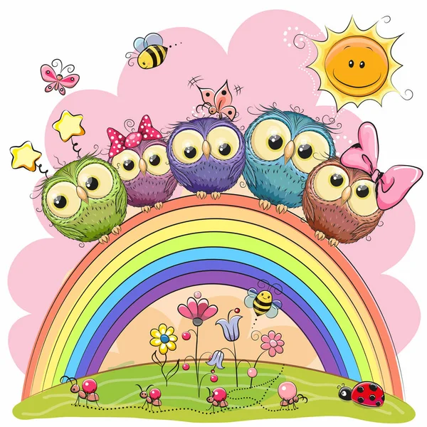 Five Owls on the rainbow — Stock Vector