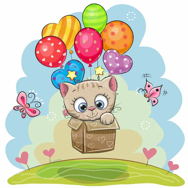 Lindo gatito de dibujos animados con globos — Archivo Imágenes Vectoriales