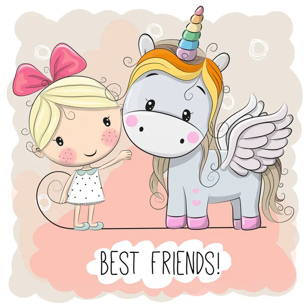 Cute Cartoon meisje en Unicorn — Stockvector