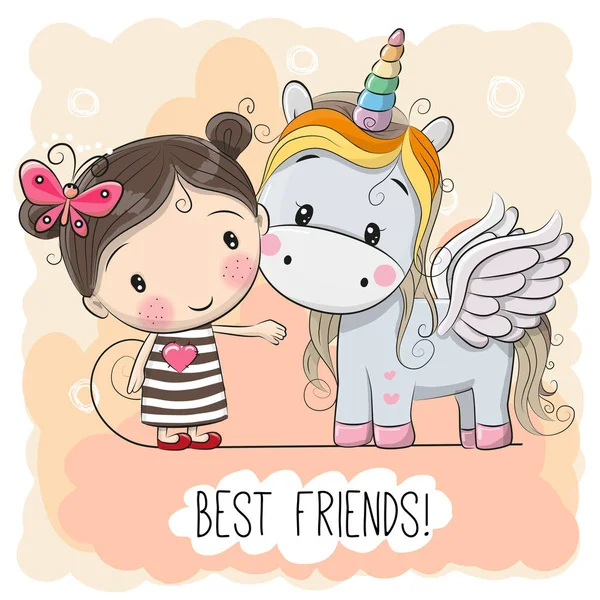 Cute Cartoon Girl and Unicorn — Stock Vector