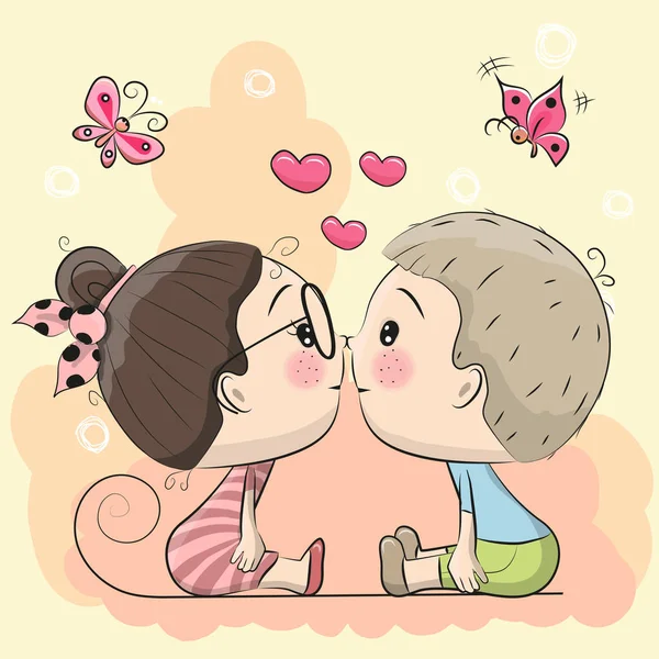 Bonito cartoon menino e menina estão beijando — Vetor de Stock