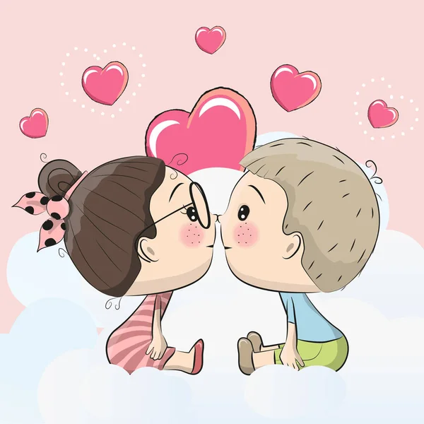 Bonito cartoon menino e menina estão beijando — Vetor de Stock