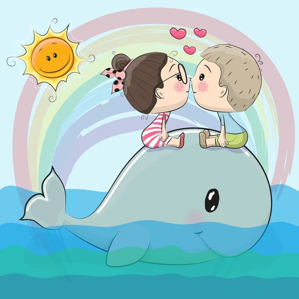 Bonito cartoon menino e menina estão beijando — Vetor de Stock