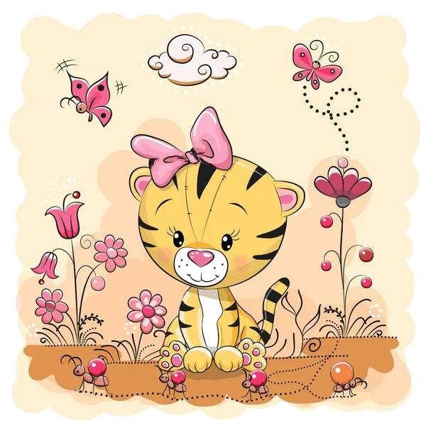 Cute Cartoon Tiger on a Meadow - Stok Vektor