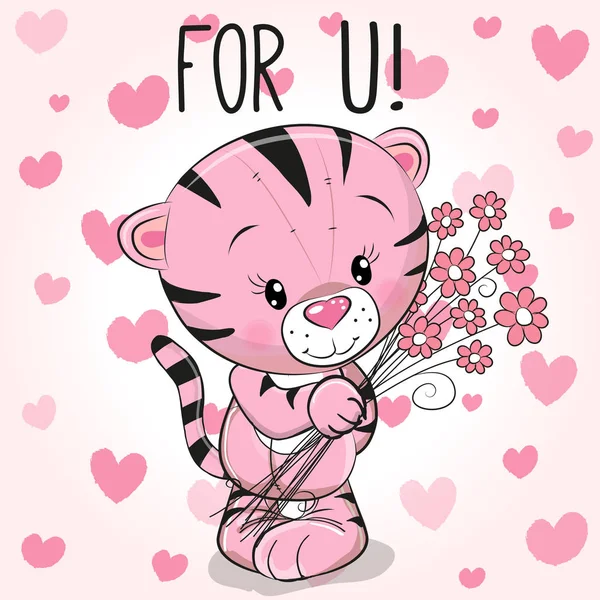 Valentijn kaart Cute Cartoon Tiger met bloemen — Stockvector