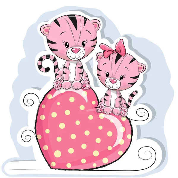 Two Cute Tigers is sitting on a heart — Stock Vector