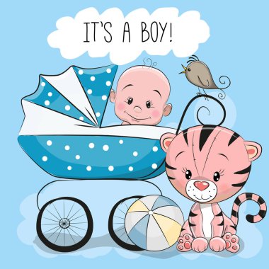 Tebrik kartı bu bebek arabası ile oğlu.