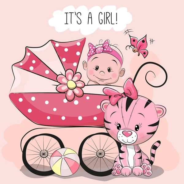 Ευχετήρια κάρτα είναι ένα κορίτσι με baby μεταφορά — Διανυσματικό Αρχείο