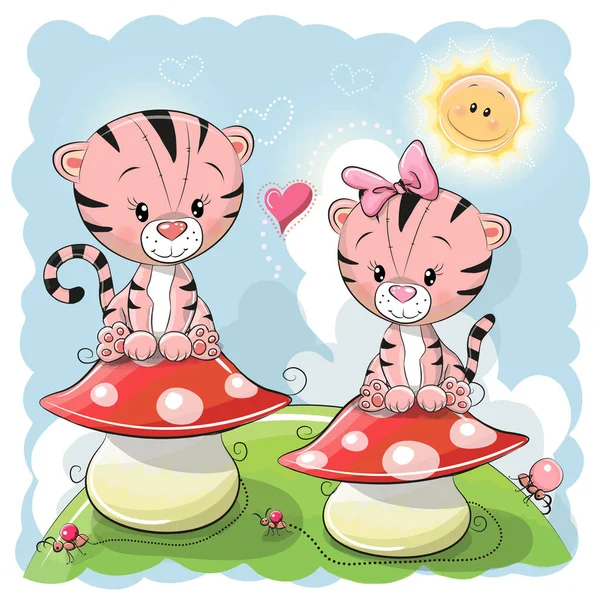 Два симпатичных мультяшных тигра и грибы — стоковый вектор