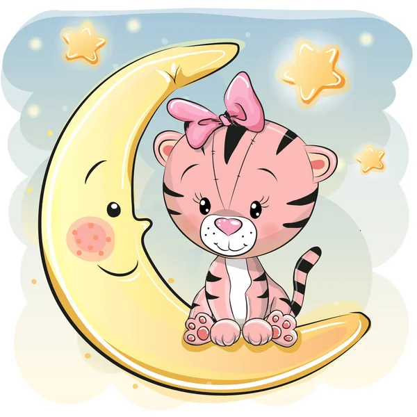 Tigre bonito dos desenhos animados na lua — Vetor de Stock