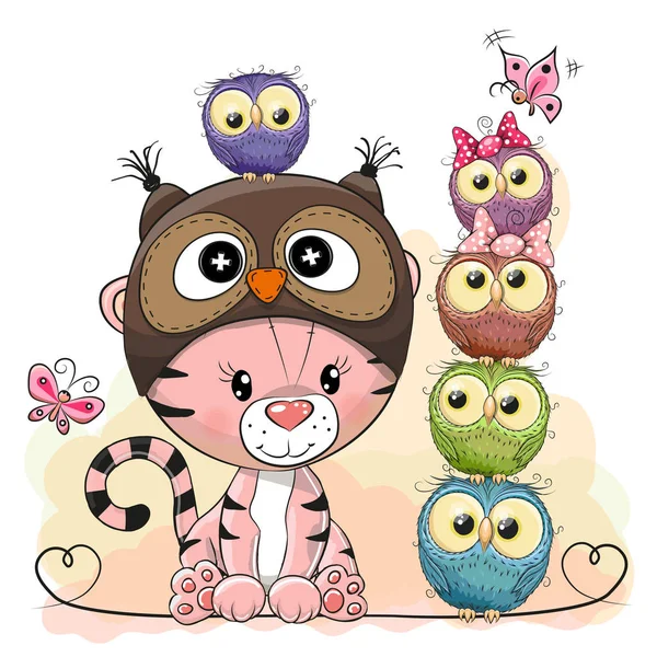 Cute Cartoon Tiger and five Owls — Stock Vector