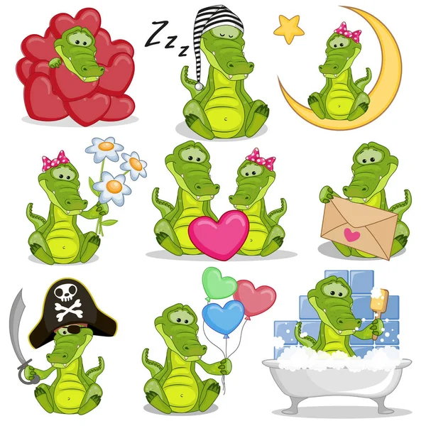 Set of Cute Cartoon Crocodile — Stock Vector