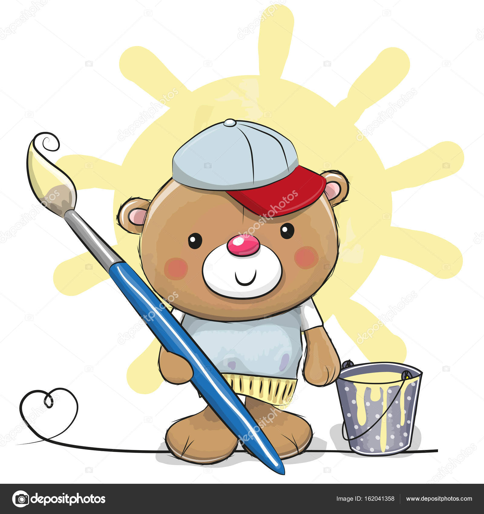 Orsacchiotto sveglio con pennello sta disegnando un sole — Vettoriali di Reginast777