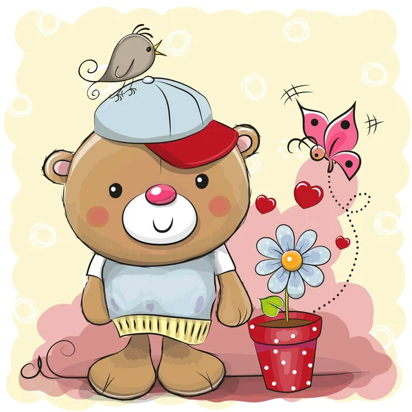 Καρτούν χαριτωμένο αρκουδάκι με λουλούδι — Διανυσματικό Αρχείο
