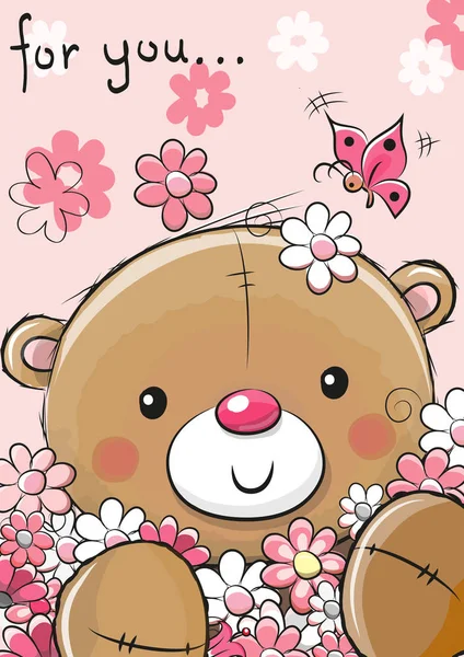 可爱的泰迪熊与花 — 图库矢量图片