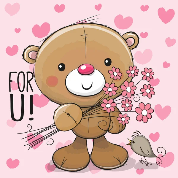 Niedlicher Cartoon-Teddybär mit einer Blume — Stockvektor