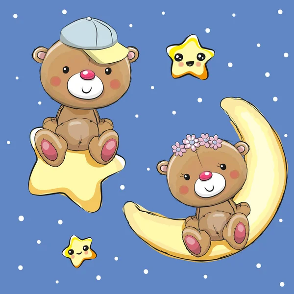 月亮和星星情侣泰迪熊 — 图库矢量图片
