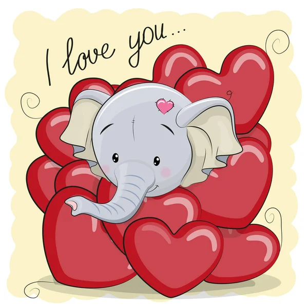 Elefante bonito dos desenhos animados em corações — Vetor de Stock
