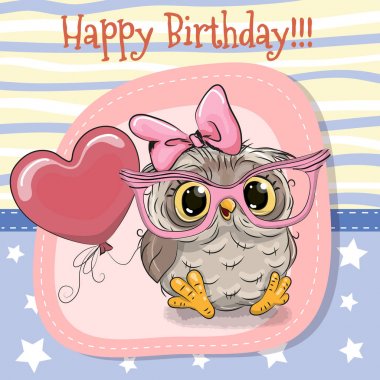 Sevimli çizgi film baykuş kız balonu ile