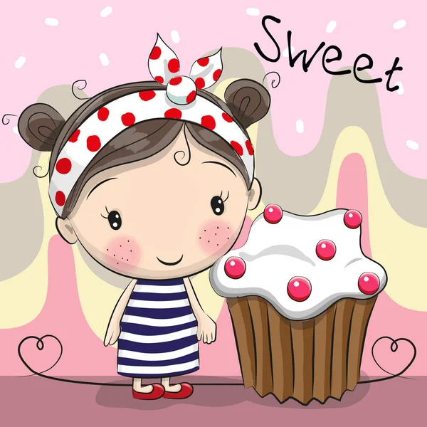 Tarjeta de felicitación Linda chica con pastel — Vector de stock