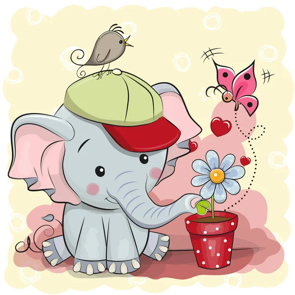 Niedlicher Cartoon-Elefant mit Blume — Stockvektor