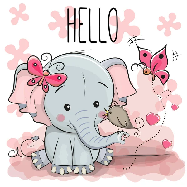 Carino cartone animato Elefante con uccello — Vettoriale Stock