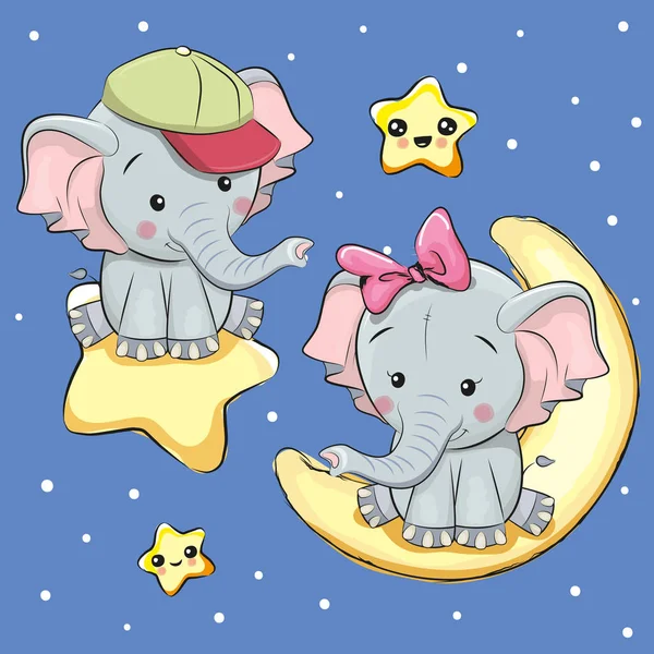 Lovers Elephants on a moon and star — Stock Vector