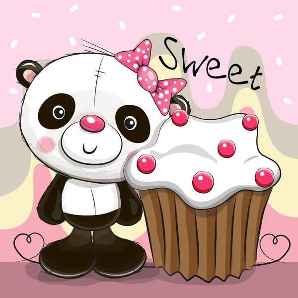 Tarjeta de felicitación Panda con pastel — Vector de stock