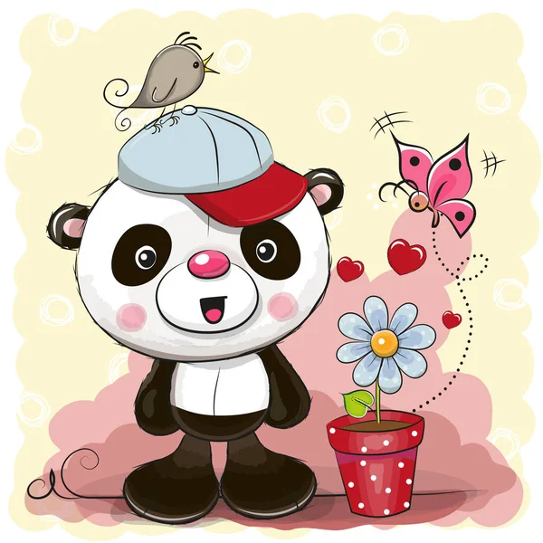 꽃과 귀여운 만화 팬더 — 스톡 벡터