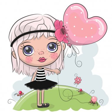 Sevimli çizgi film kız bir balon ile