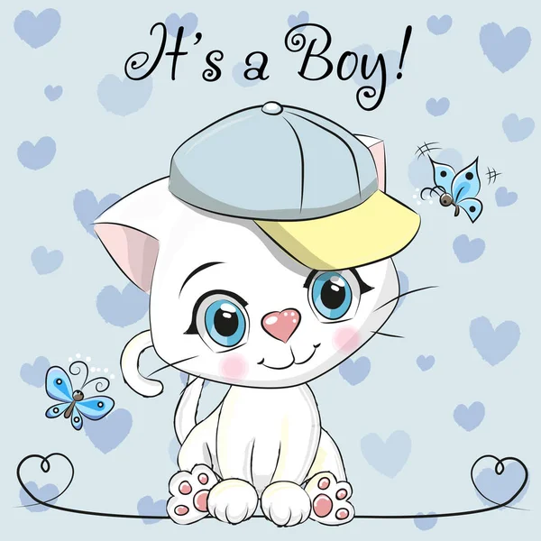 Cartão de saudação do chuveiro do bebê com menino bonito do gatinho —  Vetores de Stock