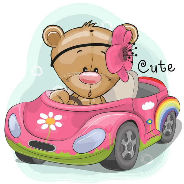Cute Teddy Girl va sur la voiture — Image vectorielle