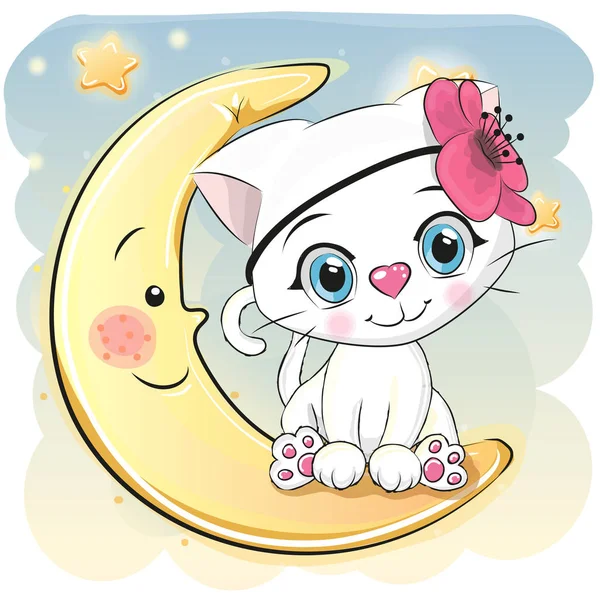 Lindo dibujos animados blanco gatito en la luna — Vector de stock