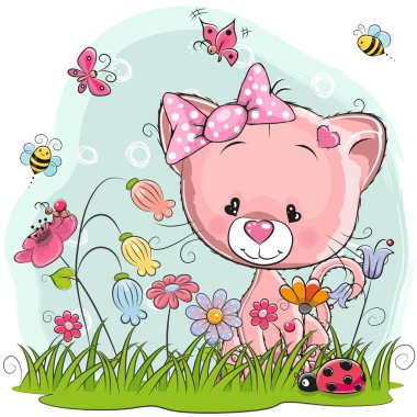 Sevimli çizgi film yavru kedi bir çayır üzerinde