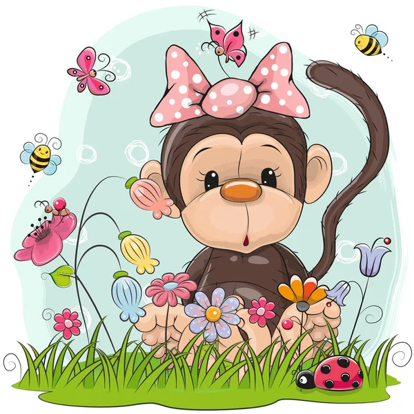풀밭에 귀여운 만화 원숭이 — 스톡 벡터