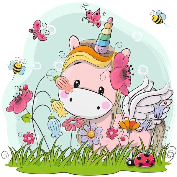 Cute Cartoon Unicorn on a meadow — Stock Vector